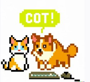 Corgi and cat fixing the website, 8-bit pixel art