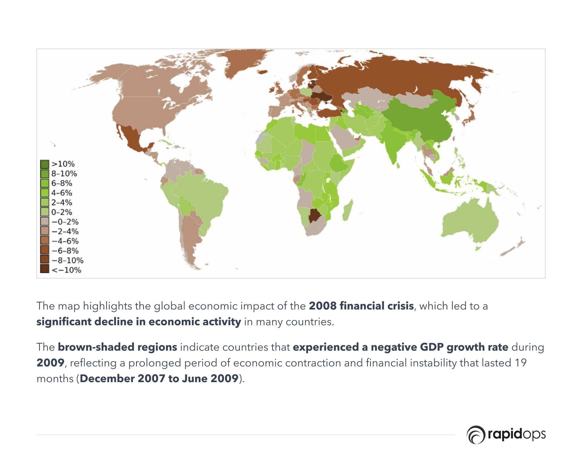 Map highlighting global economic impact of 2008 recession