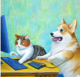 Corgi and cat fixing the website, oil painting